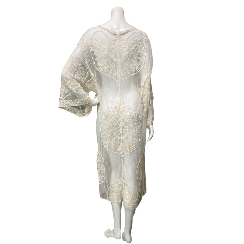 FLORAL BLOOMING Kimono Lace Cover Up Long Duster Beige  Open Front Boho Sz Large - Picture 11 of 17